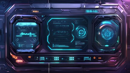 Futuristic spaceship control panel with glowing displays.