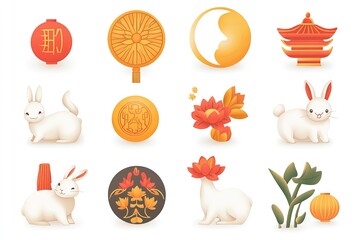 A festive collection of vector icons for the Chinese Moon Festival, showcasing symbols like the full moon, rabbits, and lotus lanterns on a simple white background.