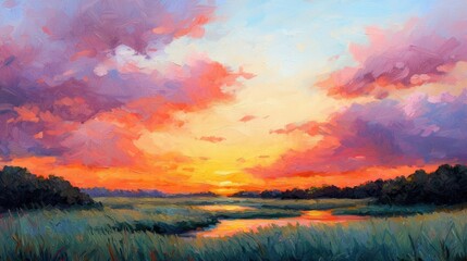 Fototapeta premium Vibrant Sunset Over Calm Water in Serene Landscape Scene