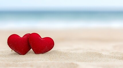 Two red hearts on beach sand, ocean backdrop; romantic, Valentine's Day, travel, greeting card