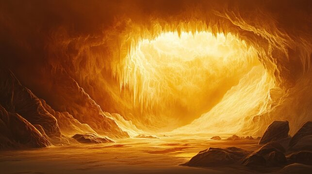 Glowing amber cave interior with light emanating from opening.