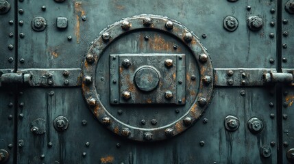 Rusty circular metal hatch on weathered industrial door.