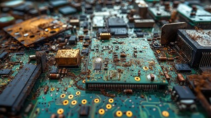 Close-Up View of Rusty Circuit Board with Electronic Components