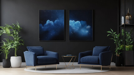 Serene Blue Abstract Art: Two stunning abstract paintings in deep blues and blacks hang in a modern living room, creating a calm and sophisticated atmosphere.