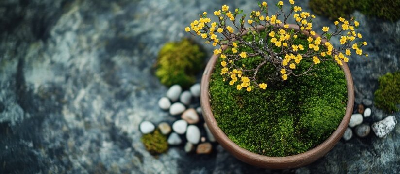 Bonsai tree with yellow flowers in a moss-covered pot, on a stone background.
