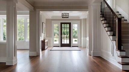 Obraz premium Elegant Home Entrance with Hardwood Floors and Grand Staircase: Luxurious Interior Design