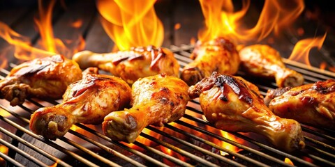 Chicken legs and wings on the grill with flames, savory dish, grill master,  savory dish