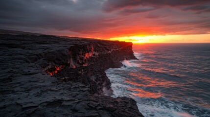 Fototapeta premium Dramatic Sunset Over Rugged Cliff with Ocean Waves and Lava Glow