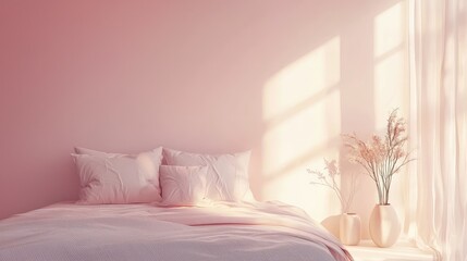 Cozy bedroom with soft pastel colors and natural sunlight