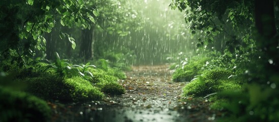 Rainy forest path scene.