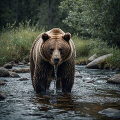 Obraz premium A realistic bear drinking water from a stream, minimalist depiction, on a white background.