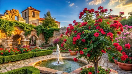 Obraz premium A majestic rose bush blooms in a picturesque garden with a fountain, surrounded by ancient stone walls and lush greenery, set against a warm sunny day sky, nessebar, bulgaria