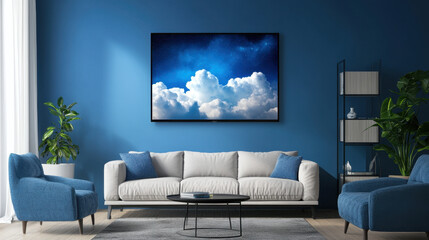 Cloud Canvas: A stunning photograph of a vibrant blue sky, adorned with majestic white clouds, takes center stage as a captivating art piece gracing a modern living room.