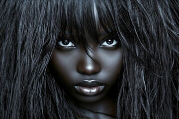 Commercial promotion creative. Pretty calm black girl - for ads, ad page and social networks use. Long hairdo - afro hair. Chic african fashion photography. African advertising concept.