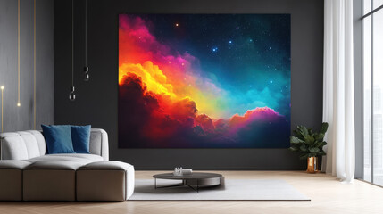 Cosmic Canvas in Modern Living Room: A vibrant, colorful nebula artwork hangs on a dark wall in a stylish modern living room, adding a touch of celestial wonder to the contemporary interior design.
