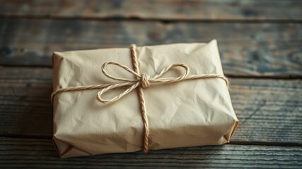 A simple, rustic gift package tied with twine and a delicate bow, resting on a weathered wooden surface.