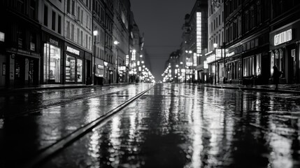 Fototapeta premium Rain-soaked City Street at Night with Glowing Lights and Reflections