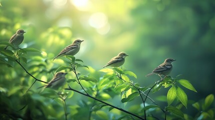 Obraz premium Five Birds in Lush Green Foliage: A Serene Nature Scene