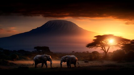 Fototapeta premium African Sunset: Elephants at Mount Kilimanjaro