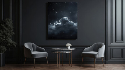 Celestial Dreamscape Canvas Art: A mesmerizing dark blue nebula canvas art piece hangs in a...