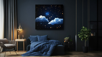 Celestial Dreamscape: A mesmerizing canvas of twinkling stars and fluffy clouds, a  night sky in a navy blue room creating an ethereal and tranquil mood.