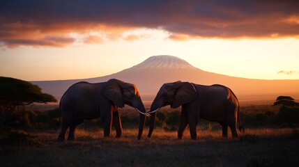Fototapeta premium African Elephants Silhouette at Sunset with Mount Kilimanjaro in Background