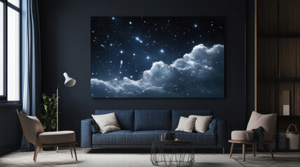 Celestial Dreamscape: A stunning celestial canvas adorns a modern living room, featuring swirling clouds of stardust against a backdrop of deep blue night sky.