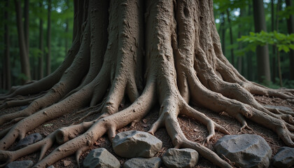 Intricate tree roots emerging from the earth onto rocky surface in a serene forest environment