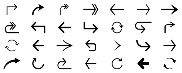 Arrow icon set. Yajirushi, line, line drawing, icon, simple set black arrows for web design. Set of big black vector arrows. Cursor, Click.