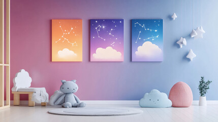 Celestial Nursery Decor: Three vibrant canvas prints featuring constellations against a gradient background, adorning a whimsical nursery with plush toys and cloud accents.
