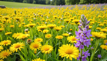 Obraz premium Vibrant yellow and purple flower field under warm sunlight in a serene countryside setting