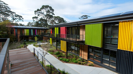 Colorful sustainable building courtyard, pathway, trees, sunny day, campus