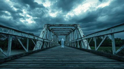 Mysterious Figure Walking on Abandoned Bridge Under Stormy Sky