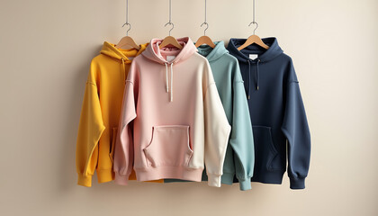 Hoodie mockup in different colors hanging on a rack against beige background for apparel display