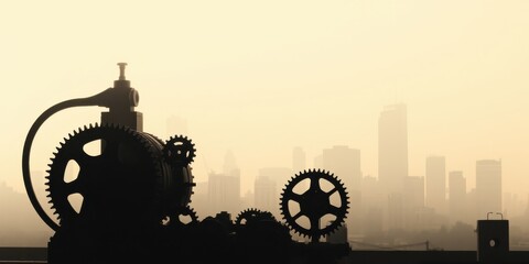 Silhouetted Gears Against a Hazy Cityscape, a Visual Metaphor for the Complex Interplay Between Industry and Urban Development