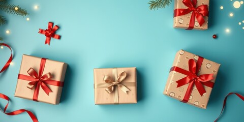 A Festive Arrangement of Wrapped Gifts with Delicate Red and Gold Ribbons on a Pastel Blue Background