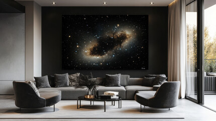 Cosmic Canvas in Modern Living Room: A large-scale artwork depicting a mesmerizing galaxy hangs as a focal point in a sophisticated, dark-toned living room.