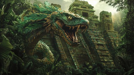 Fototapeta premium Majestic Serpent Emerges from Ancient Temple in Lush Jungle Scene