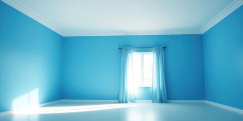 A single window with light blue curtains in a bright blue room, showcasing a minimalist interior design aesthetic