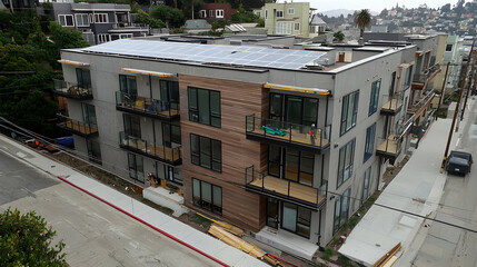 Fototapeta premium Hillside apartment building solar panels construction aerial view