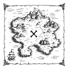 Simple Black and White Coloring Page of a Fantasy Treasure Map