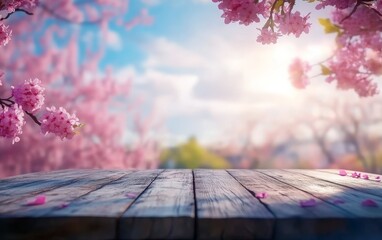 Wooden table with pink cherry blossoms and sunny spring background.