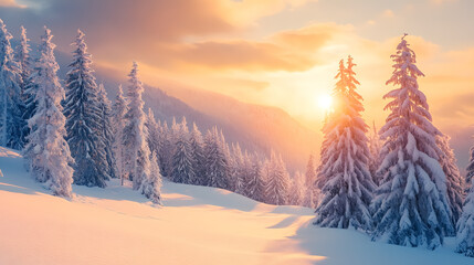 An impressive winter morning in the Carpathian Mountains with snow-covered fir trees, capturing a colorful outdoor scene for a Happy New Year celebration concept.