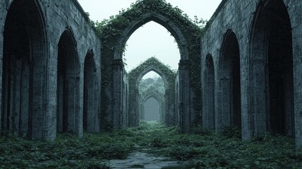 Obraz premium Serene Ruins of Ancient Arches Covered in Lush Greenery