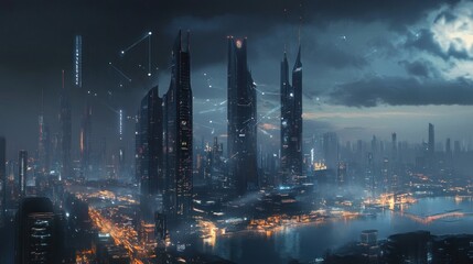 Obraz premium Futuristic cityscape at night, illuminated skyscrapers, connected by glowing lines, dark clouds, water reflections.
