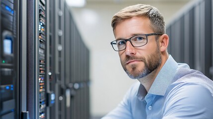 A person is using a laptop to analyze data Professional man in data center environment