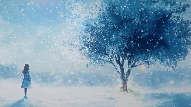 雪の降る公園と女性