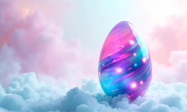 Dreamlike, dreamy Easter Egg like a jewel with Fantastical Clouds and Patterns of Light, pink, violet, blue, sky blue