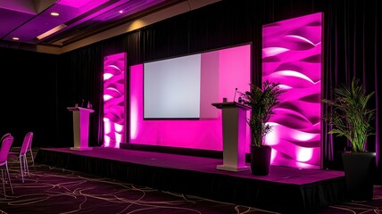 A modern event stage setup featuring vibrant pink lighting, a central screen, and decorative elements, ideal for presentations or gatherings.