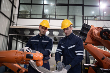 Two Caucasian engineer use paper work with robot arm